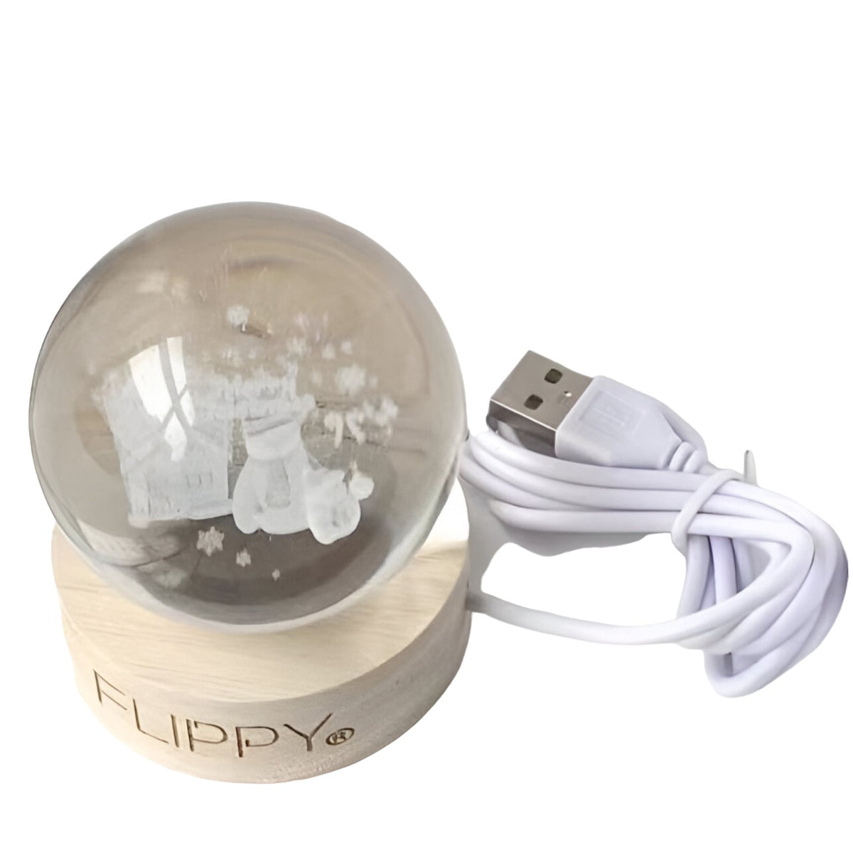Lampă LED Decorativă Cu Bilă Din Cristal 3D, Model Merry Christmas Gravat Laser, Suport Din Lemn, Alimentare USB, Lumină Alb Cald, 6 cm