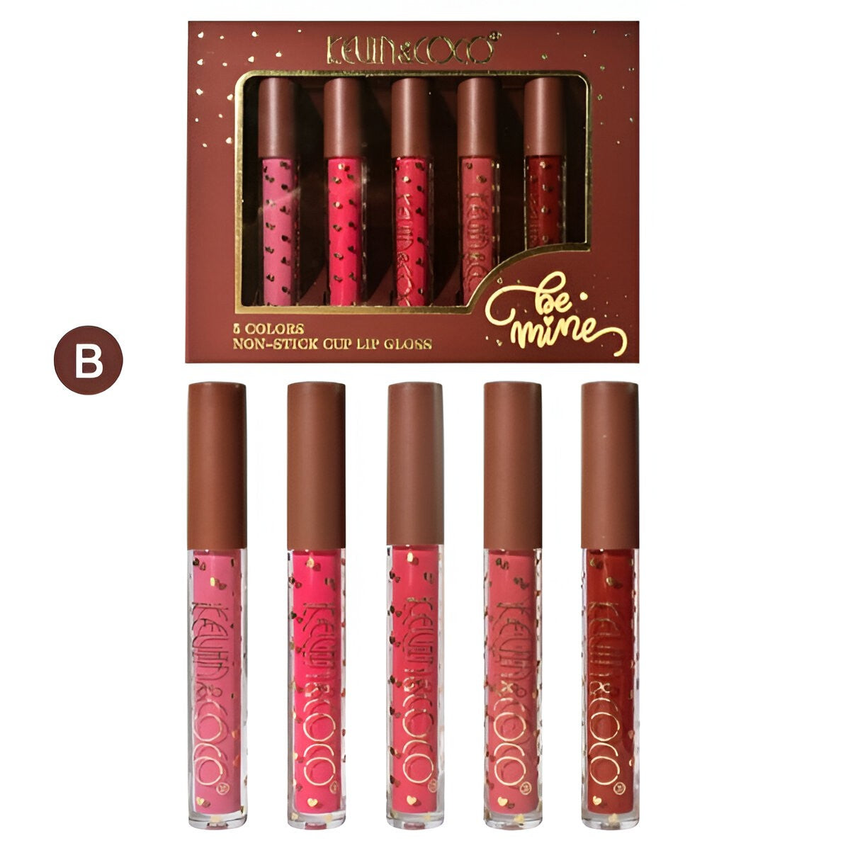 Kevin & Coco Set Rujuri de Buze Be Mine, Gloss Lichid Rezistent la Transfer, Aspect Catifelat și Lucios, Cruelty-Free, 5 Culori, Roz/Roșu, Varianta B