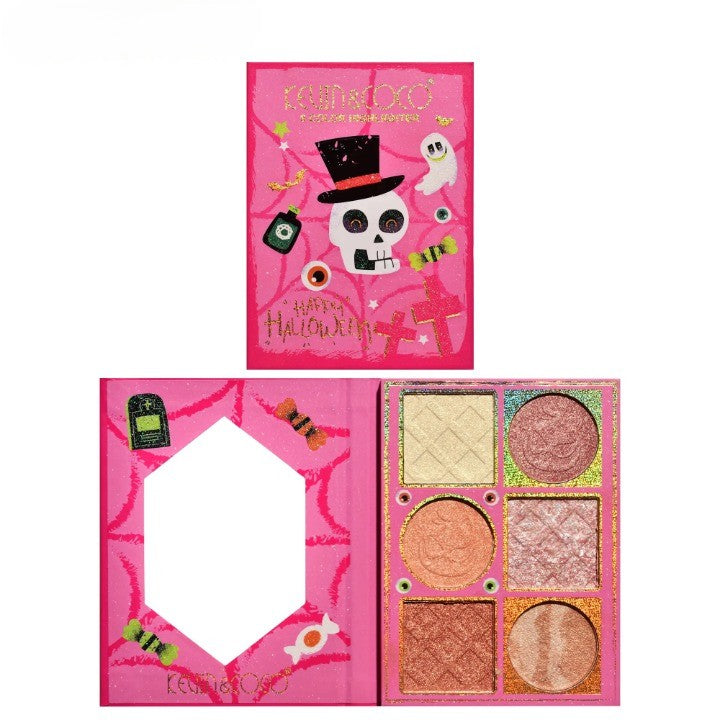 Kevin&Coco Paleta Iluminatoare si Blush, 6 Nuante cu Pigment Ridicat, Colectia Halloween, Pudra Compacta, Varianta B Nude-Rose, 160g