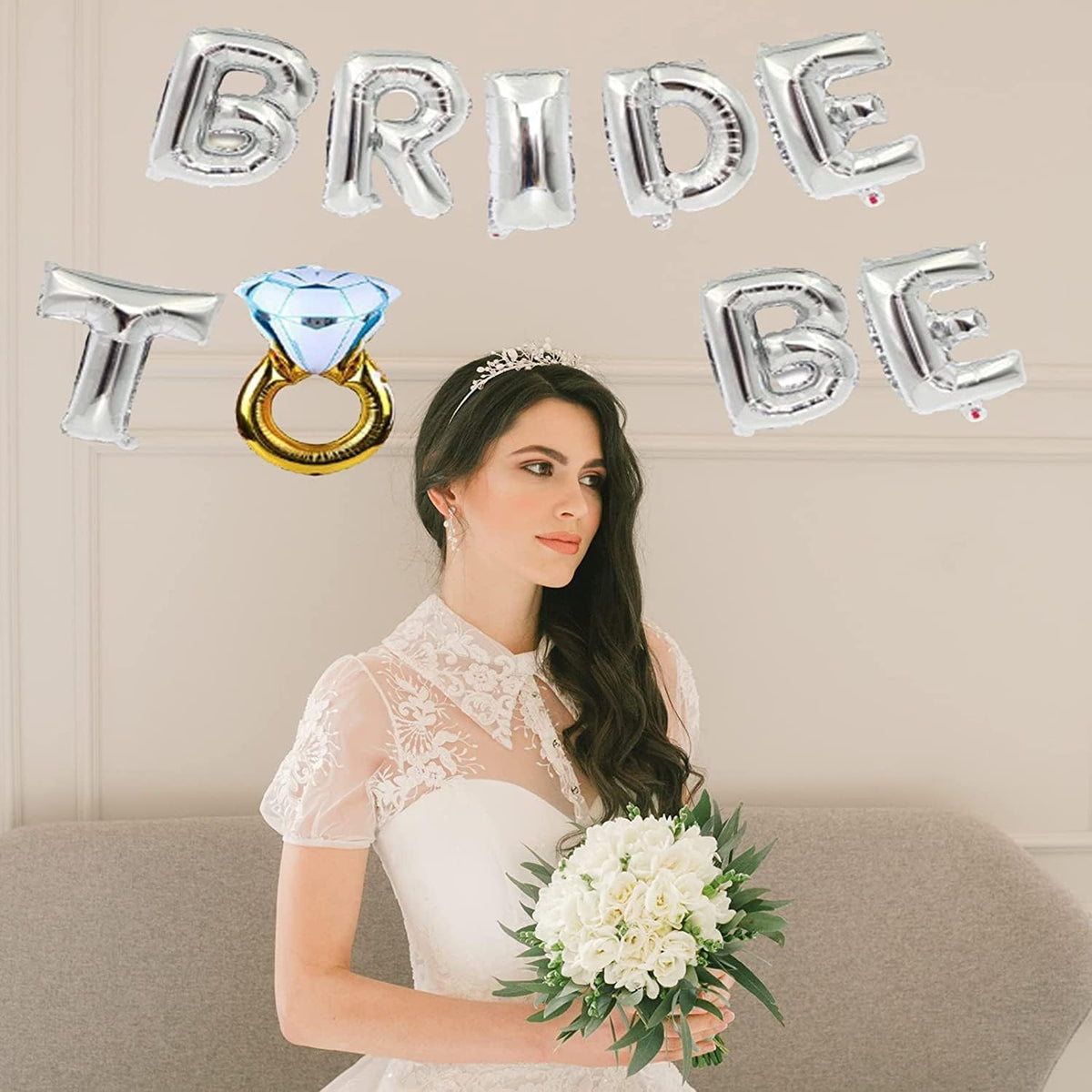 Set Baloane Bride To Be cu Inel de Logodna, Decoratiuni Petrecere Burlacite, Folie Aluminiu, Litere 40 cm, Include Pai Umflare, Argintiu