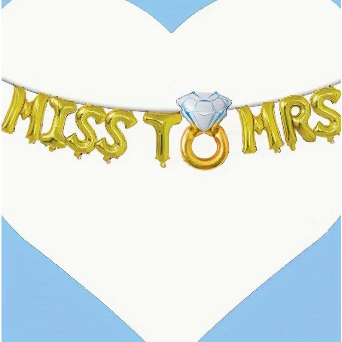 Set Baloane Miss To Mrs Cu Inel De Logodna, Decor Petrecere Burlacite, Folie Metalizata, Litere 40 cm, Include Pai Umflare, Aer Sau Heliu, Auriu