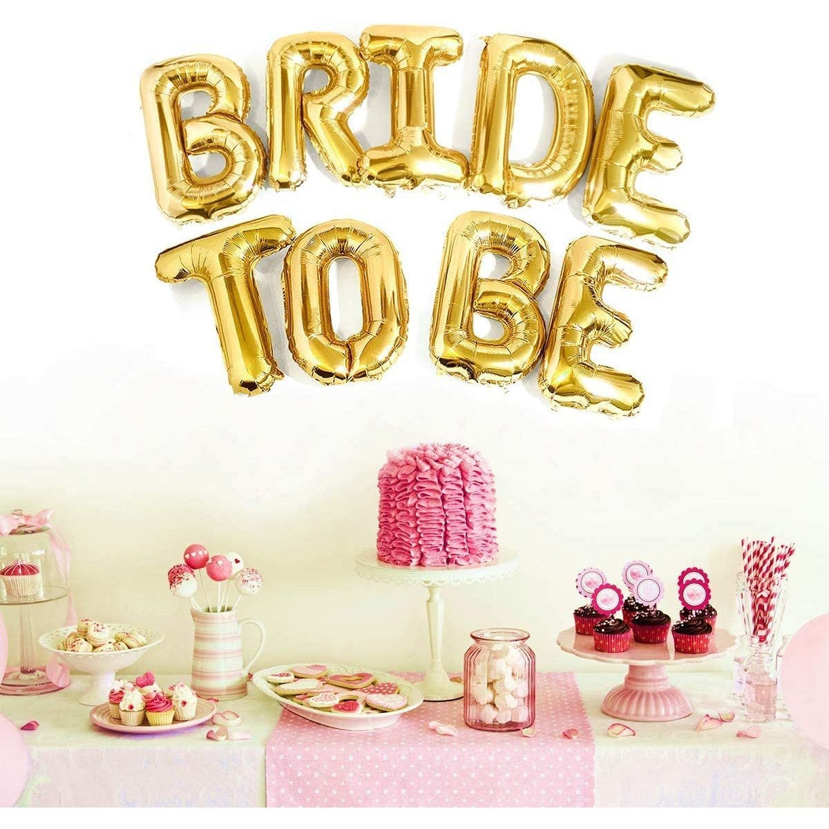 Set Baloane Litere Bride to Be, Decoratiuni Petrecere Burlacite, Folie Aluminiu Metalizata, Umflare Aer sau Heliu, Include Pai, 40 cm, Auriu