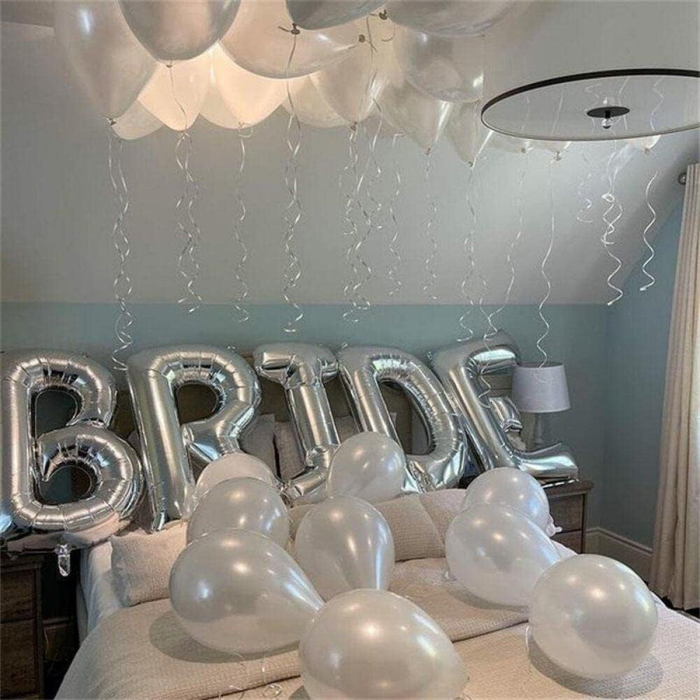 Set Baloane Litere Bride, Decoratiuni Petrecere Burlacite din Folie Aluminiu, Umflare Aer sau Heliu, Pai Inclus, 40 cm, Argintiu