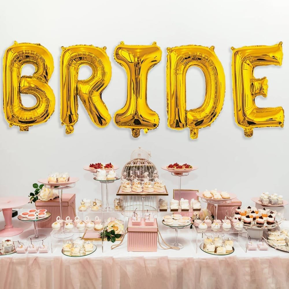 Set Baloane Bride din Folie Metalizata, Litere Inaltime 100 cm, Umflare Aer sau Heliu, Decor Petrecere Burlacite si Nunta, Pai Inclus, Auriu