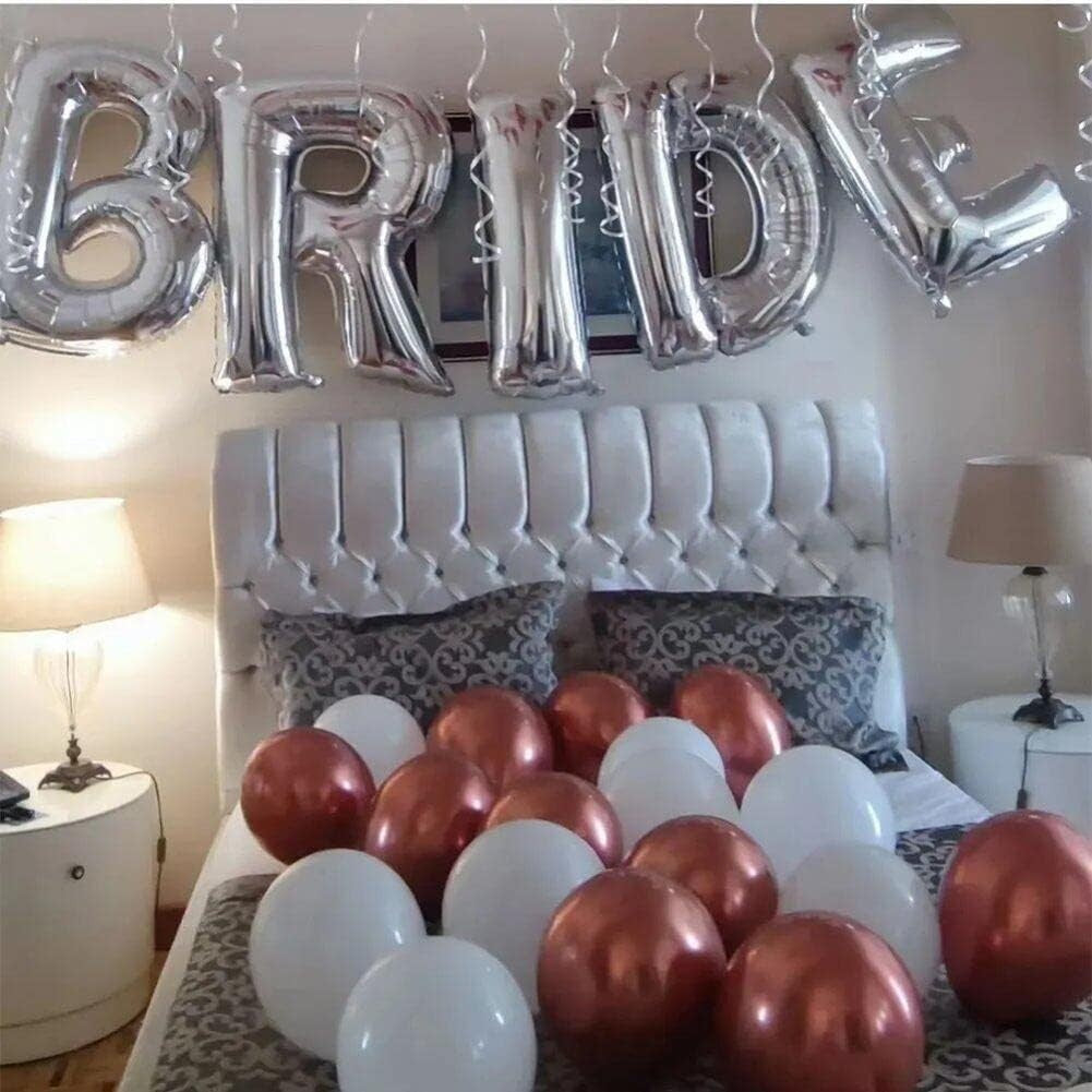 Set Baloane Litere Bride, Balon Folie Metalizata Party, Umflare Aer sau Heliu, Pai Inclus, Aluminiu, Inaltime 100 cm, Argintiu