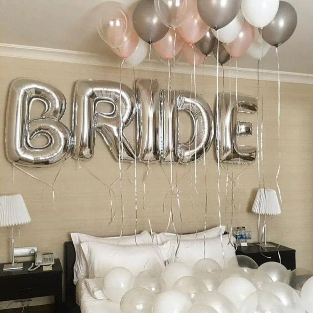 Set Baloane Litere Bride, Balon Folie Metalizata Party, Umflare Aer sau Heliu, Pai Inclus, Aluminiu, Inaltime 100 cm, Argintiu