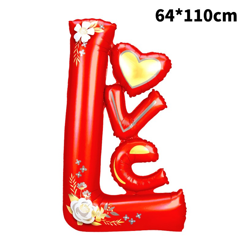 Balon din Folie Metalizata Model Love, Figurine Tematica Iubire, Umflare Aer sau Heliu, Set cu Pai Inclus, 110x64 cm, Rosu