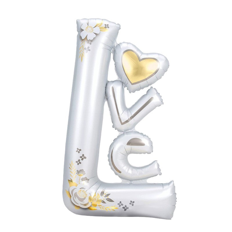 Balon din Folie Metalizata Model LOVE, Figurina Decorativa Tematica Iubire, Umflare Aer sau Heliu, Aluminiu, Include Pai, 110x64 cm, Alb