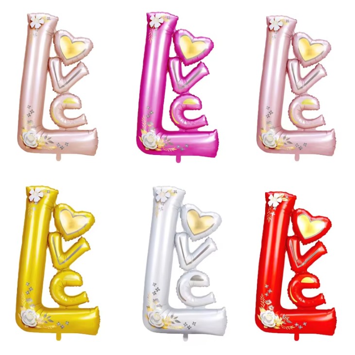 Balon din Folie Metalizata Model LOVE, Figurina Decorativa Tematica Iubire, Umflare Aer sau Heliu, Aluminiu, Include Pai, 110x64 cm, Alb