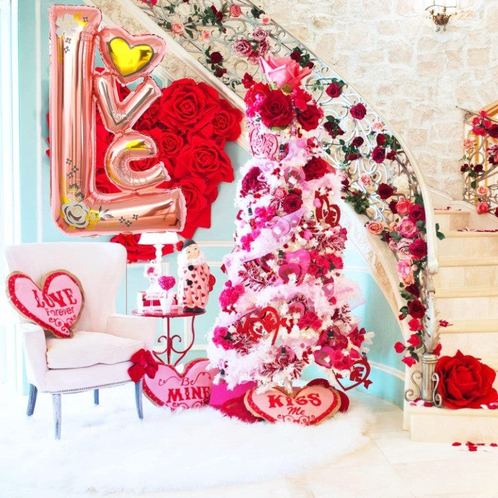 Balon din Folie Metalizata, Model LOVE, Figurine Tematica Iubire, Umflare Aer sau Heliu, Include Pai, 110x64 cm, Roz