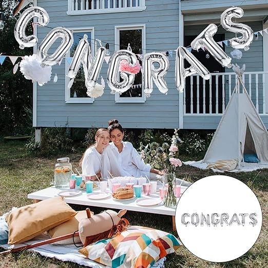 Set Baloane Litere Congrats din Folie Metalizată, Decoratiuni Absolvire, Umflare Aer sau Heliu, Înălțime 40 cm, Argintiu