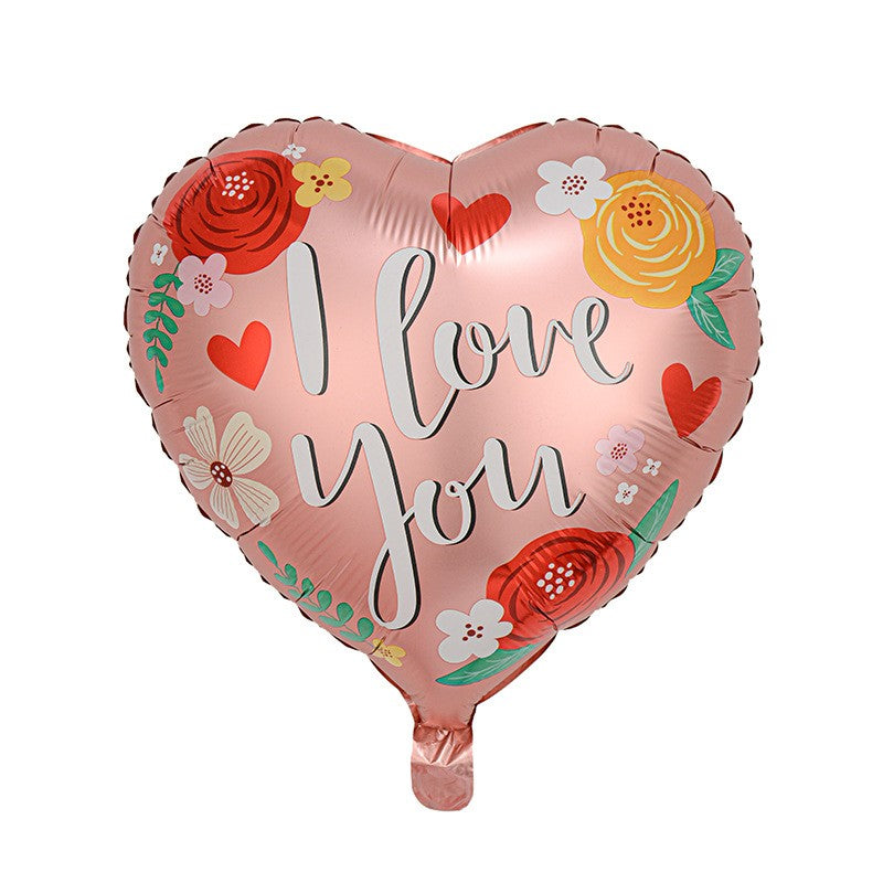 Balon din Folie Metalizata Inima I Love You, Imprimeu Floral Romantic, Figurina Umflare Aer sau Heliu, include Pai, 45 cm, Rosu Multicolor