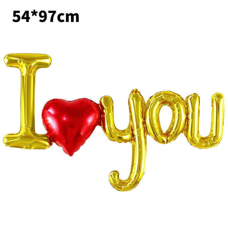 Set Baloane Folie Metalizata, Model I Love You cu Inimioara, Decoratiuni Ziua Indragostitilor, Umflare Aer sau Heliu, Pai Inclus, 54x97 cm, Auriu