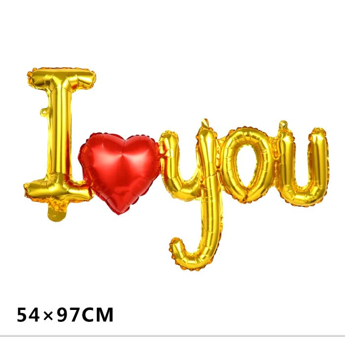 Set Baloane Folie Metalizata, Model I Love You cu Inimioara, Decoratiuni Ziua Indragostitilor, Umflare Aer sau Heliu, Pai Inclus, 54x97 cm, Auriu
