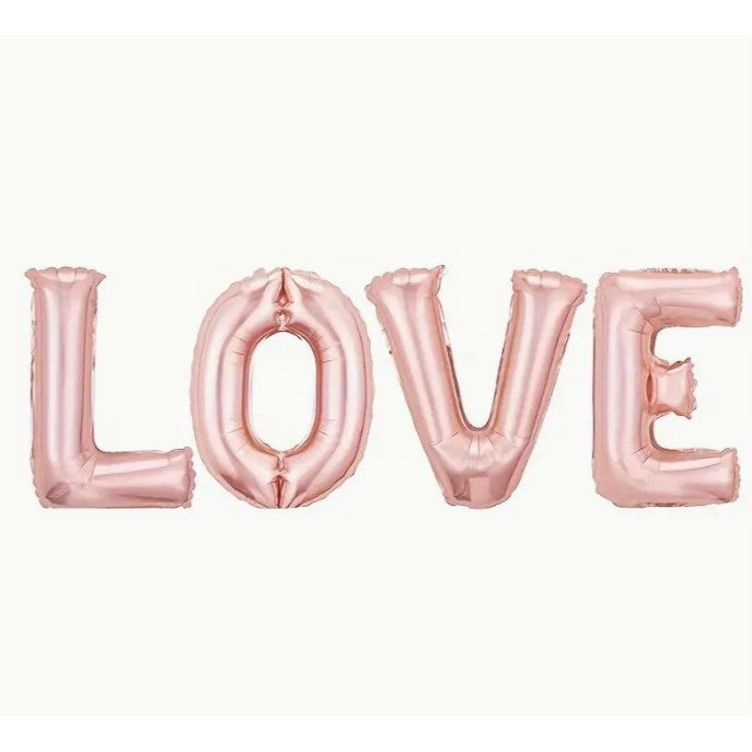 Set 4 Baloane Litere Love, Decoratiuni Petrecere Tema Iubire, Folie Metalizata, Umflare Aer sau Heliu, Pai Inclus, 80 cm, Roz