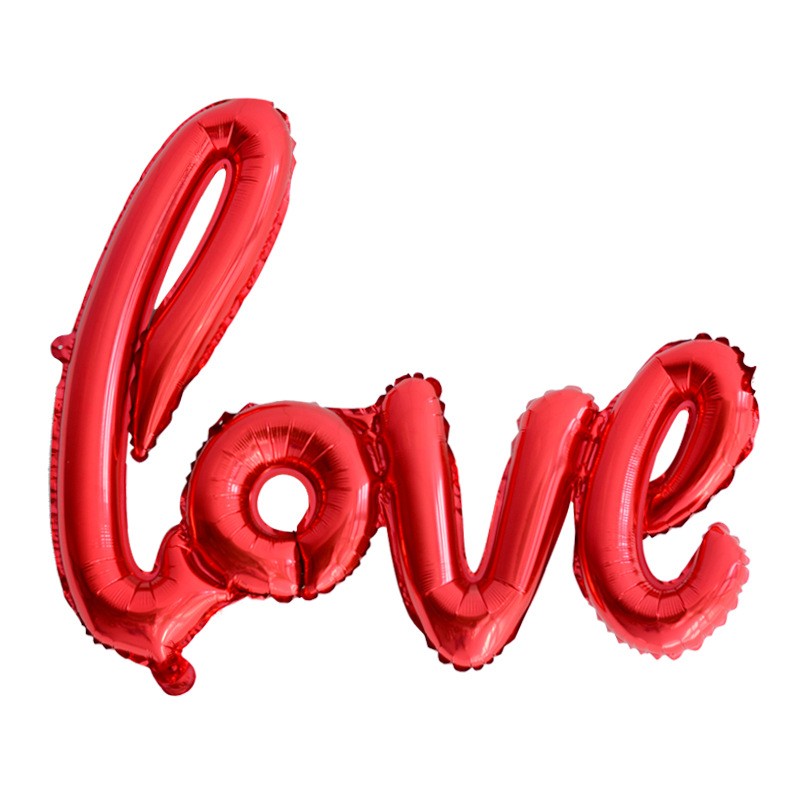 Set Baloane Love din Folie Metalizata, Model Scris de Mana, Decor Ziua Indragostitilor, Umflare Aer sau Heliu, include Pai, Rosu, 102x65 cm