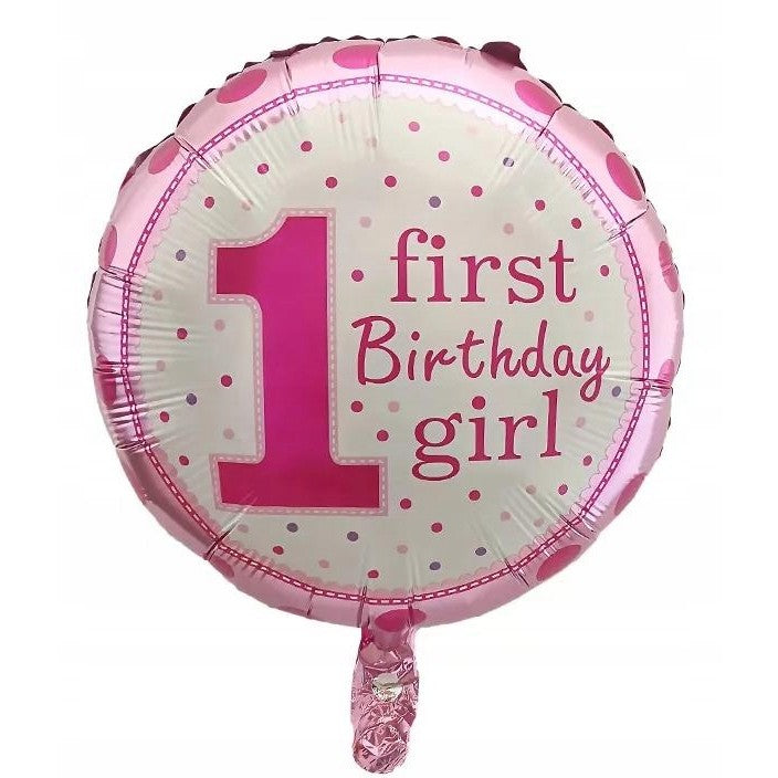 Balon din Folie Metalizata Prima Aniversare, Model First Birthday Girl, Rezistent la Aer sau Heliu, Include Pai Umflare, Roz, 45 cm