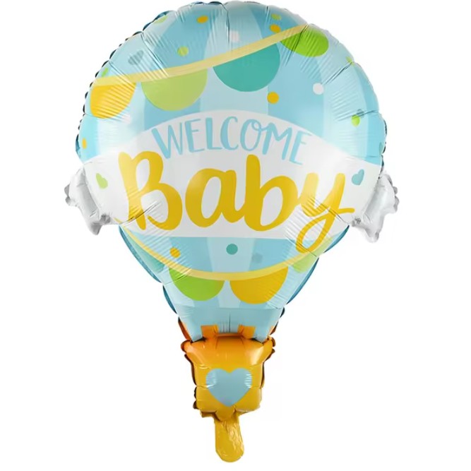 Balon din Folie Metalizata, Model Balon cu Aer Cald Baietel, Tematica Welcome Baby si Botez, Reutilizabil, Umflare cu Aer sau Heliu, Albastru, 80x62 cm