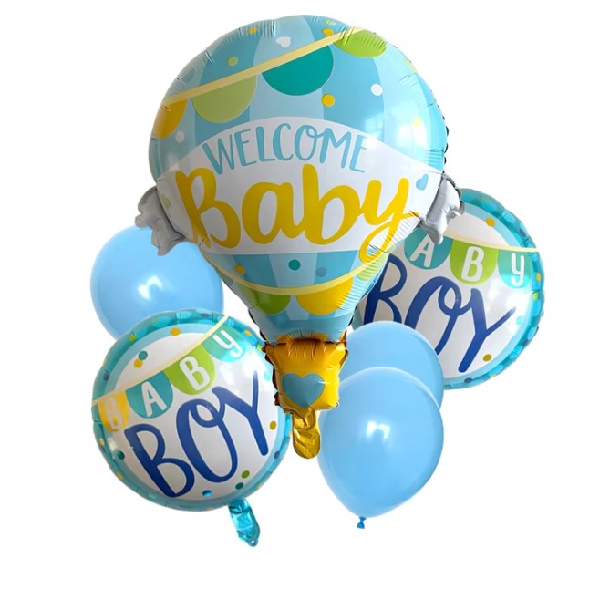 Balon din Folie Metalizata, Model Balon cu Aer Cald Baietel, Tematica Welcome Baby si Botez, Reutilizabil, Umflare cu Aer sau Heliu, Albastru, 80x62 cm