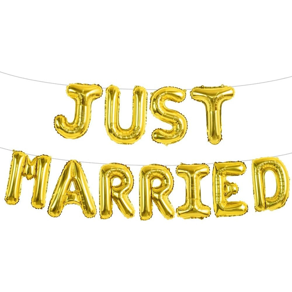 Set Baloane Just Married din Folie Metalizata, Litere Individuale pentru Decor Nunta, Umflare Aer sau Heliu, Accesorii Incluse, 40 cm, Auriu