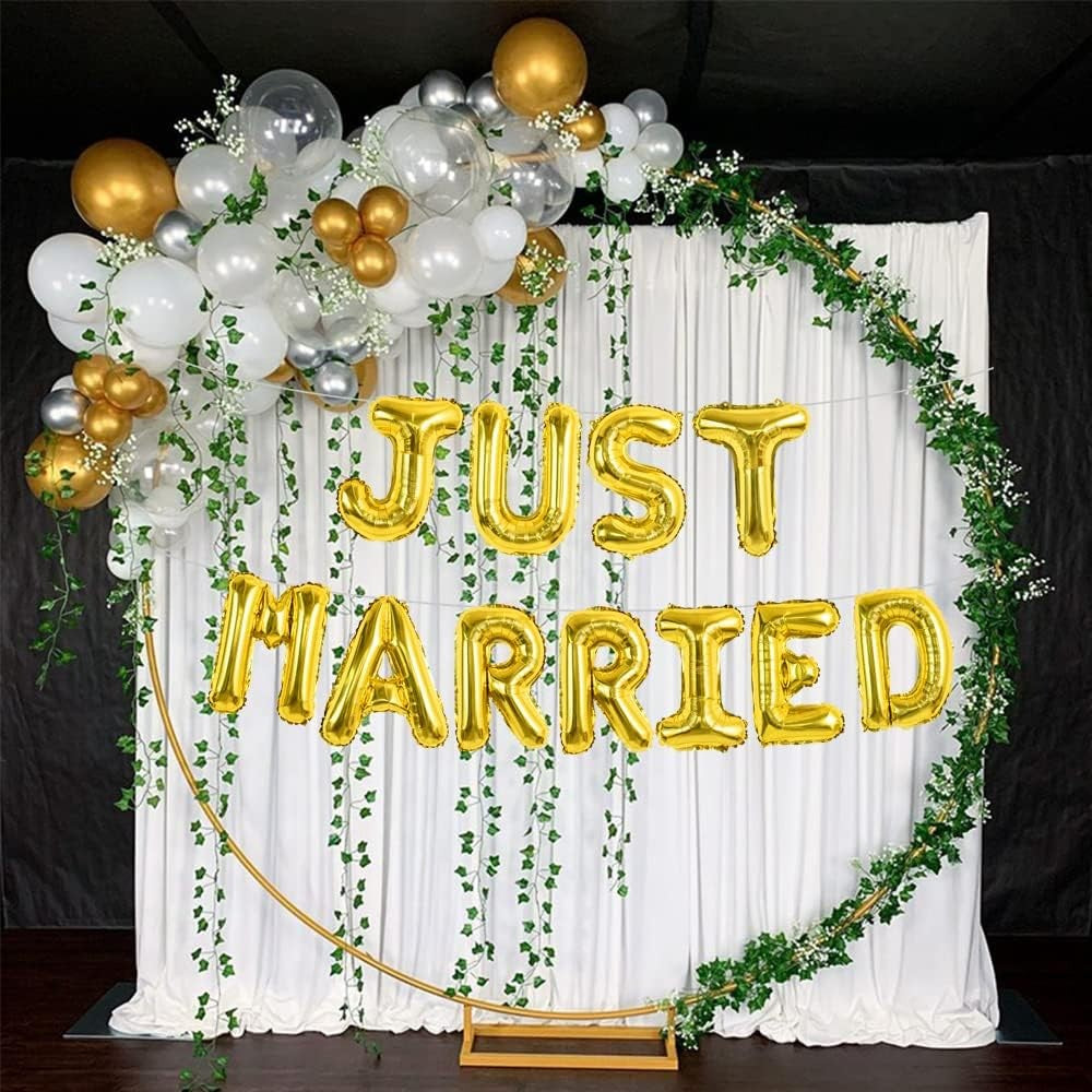 Set Baloane Just Married din Folie Metalizata, Litere Individuale pentru Decor Nunta, Umflare Aer sau Heliu, Accesorii Incluse, 40 cm, Auriu