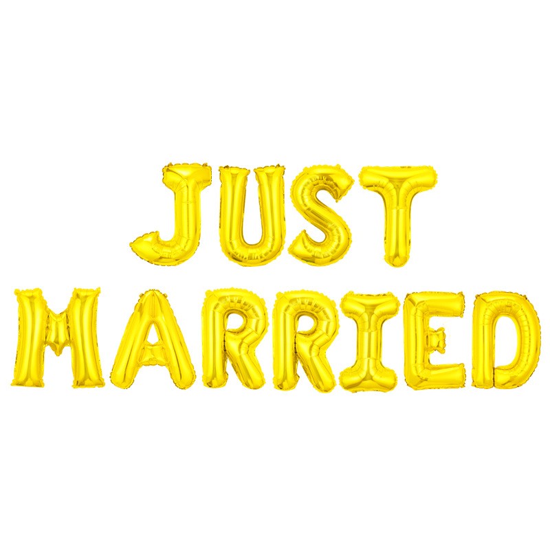 Set Baloane Just Married din Folie Metalizata, Litere Individuale pentru Decor Nunta, Umflare Aer sau Heliu, Accesorii Incluse, 40 cm, Auriu