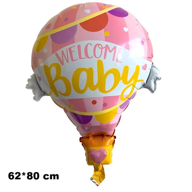 Balon din Folie Metalizată, Model Balon cu Aer Cald Fetiță, Tematică Welcome Baby, Umflare Aer sau Heliu, Roz, 80x62 cm