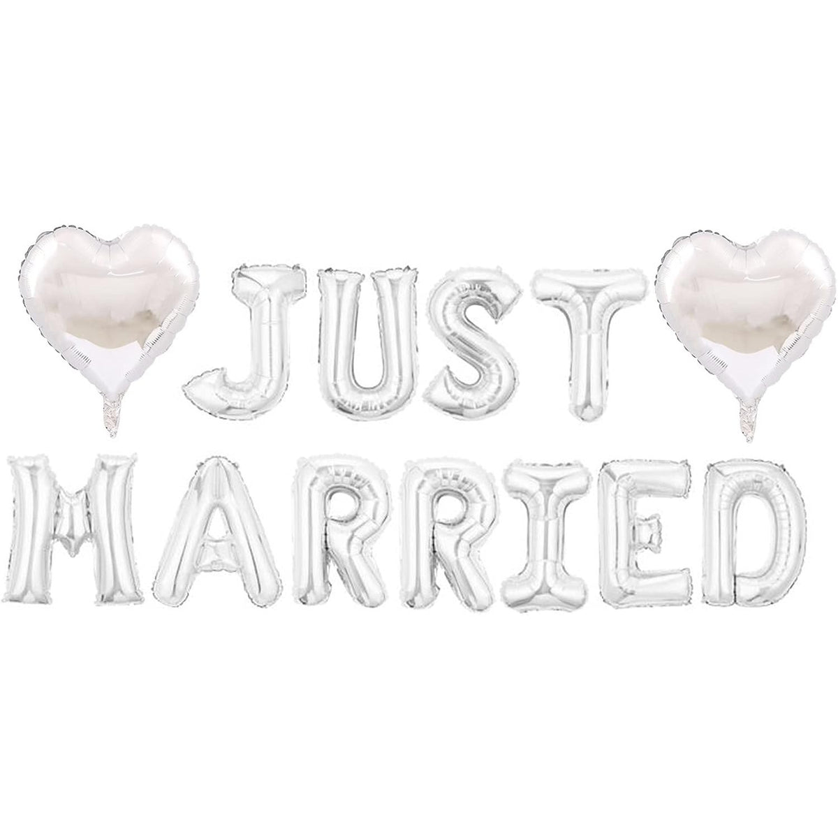 Set Baloane Just Married, Litere din Folie Metalizata pentru Nunta si Party, Kit Complet cu Pai, Ata si Adeziv, 40 cm, Argintiu