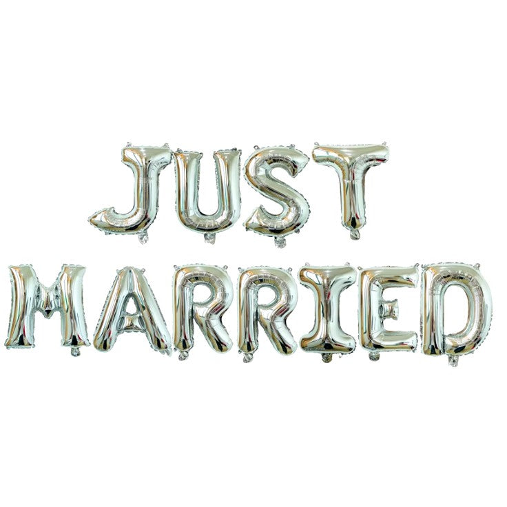 Set Baloane Just Married, Litere din Folie Metalizata pentru Nunta si Party, Kit Complet cu Pai, Ata si Adeziv, 40 cm, Argintiu