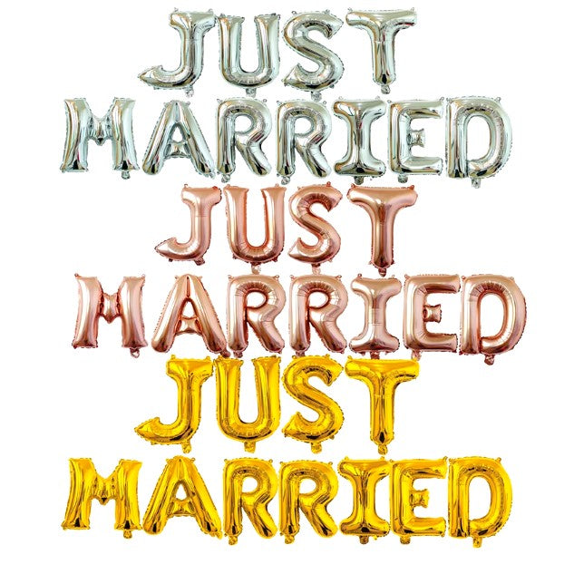Set Baloane Just Married, Litere din Folie Metalizata pentru Nunta si Party, Kit Complet cu Pai, Ata si Adeziv, 40 cm, Argintiu