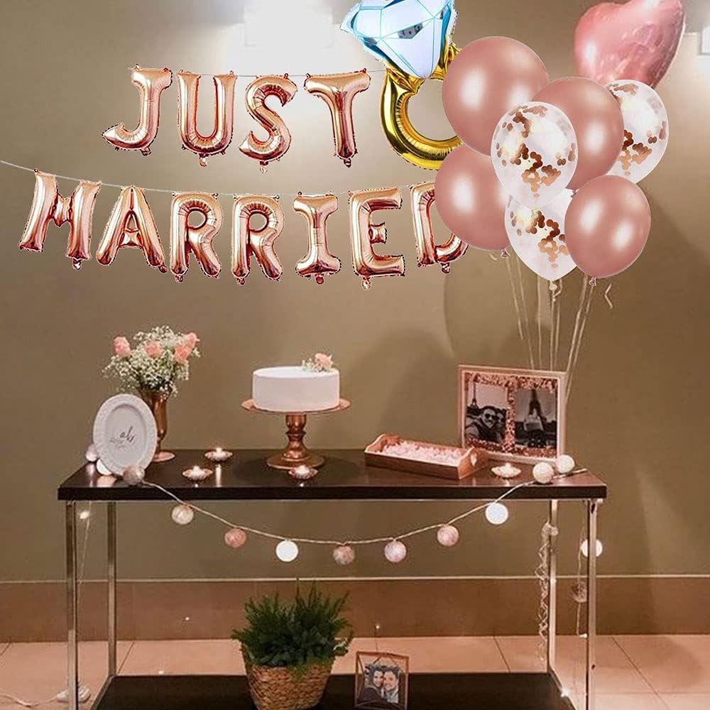 Set Baloane Litere Just Married din Folie Metalizata, Decoratiuni Nunta si Petrecere, Include Pai si Accesorii Fixare, Umflare Aer sau Heliu, 40 cm, Roz