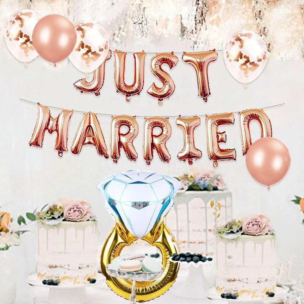 Set Baloane Litere Just Married din Folie Metalizata, Decoratiuni Nunta si Petrecere, Include Pai si Accesorii Fixare, Umflare Aer sau Heliu, 40 cm, Roz