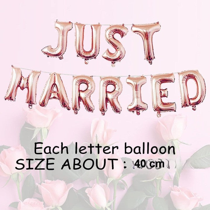 Set Baloane Litere Just Married din Folie Metalizata, Decoratiuni Nunta si Petrecere, Include Pai si Accesorii Fixare, Umflare Aer sau Heliu, 40 cm, Roz