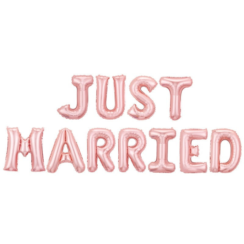 Set Baloane Litere Just Married din Folie Metalizata, Decoratiuni Nunta si Petrecere, Include Pai si Accesorii Fixare, Umflare Aer sau Heliu, 40 cm, Roz