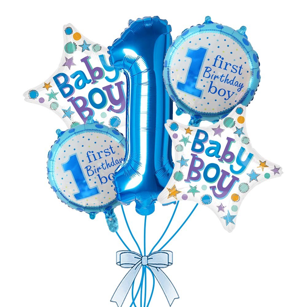 Balon din Folie Metalizată Prima Aniversare, Model First Birthday Boy, Umflare Aer sau Heliu, Ambalaj Individual cu Pai Inclus, 45 cm, Albastru