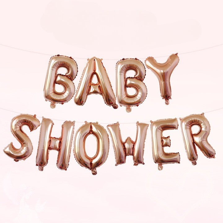 Set Baloane Baby Shower, Litere Din Folie Metalizata, Decoratiuni Petrecere Cu Pai Si Adeziv Inclus, Roz Gold, 40 cm
