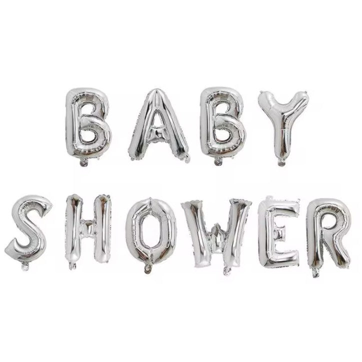 Set Baloane Baby Shower, Litere 40 cm din Folie Metalizata, Kit Complet cu Pai, Ata si Adeziv, Umflare Aer sau Heliu, Argintiu