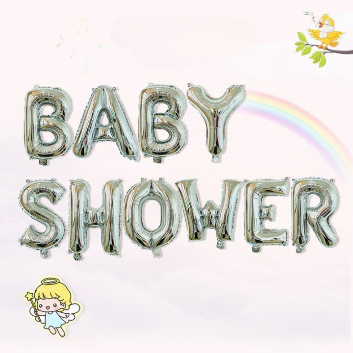 Set Baloane Baby Shower, Litere 40 cm din Folie Metalizata, Kit Complet cu Pai, Ata si Adeziv, Umflare Aer sau Heliu, Argintiu