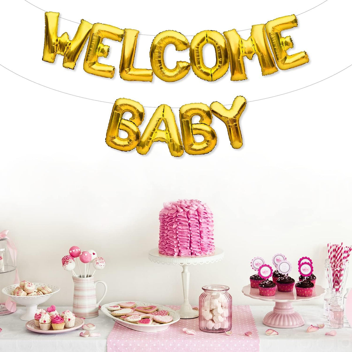 Set Baloane Welcome Baby, Decoratiuni Party din Folie Metalizata, Litere 40 cm, Kit Complet cu Pai si Adeziv, Umflare Aer sau Heliu, Auriu