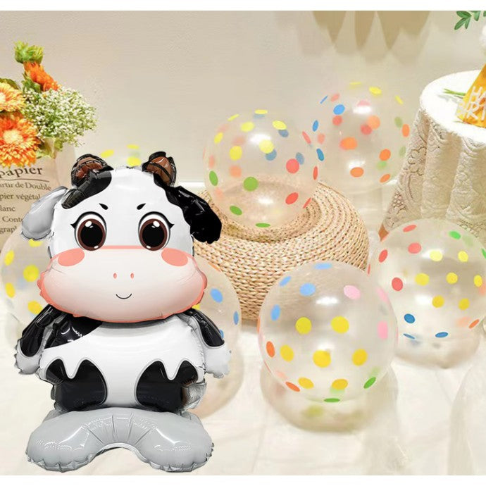 Balon din Folie Metalizata, Model Vacuta, Figurina Mini pentru Aniversare si Petreceri, Umflare Aer sau Heliu, Set cu Pai Inclus, 38x58 cm, Multicolor