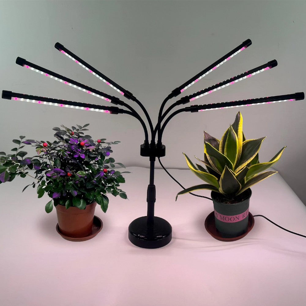 Lampa UV pentru Cresterea Plantelor, 6 Capete Flexibile cu 108 LED-uri, Spectru Rosu si Albastru, Temporizator 4/8/12h, 9 Trepte Luminozitate, Inaltime Ajustabila 68.5 cm, Clema Fixare, 30W, Alb-Mov