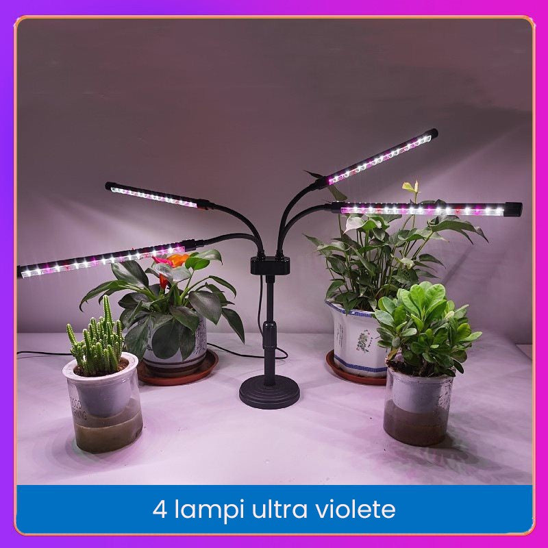 Lampa UV LED Pentru Cresterea Plantelor, Full Spectrum, 4 Brate Flexibile Cu Rotire 360 Grade, Temporizator 4-8-12H, 9 Niveluri De Intensitate, Clema De Fixare, 20W, 72 LED-uri, Lumina Alb-Mov