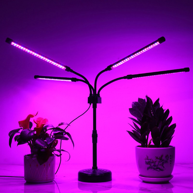 Lampa UV pentru Cresterea Plantelor, 4 Capete Flexibile cu 96 LED-uri, Spectru Rosu si Albastru, Timer 3 Moduri, 9 Nivele Intensitate, Inaltime Ajustabila 65 cm, Alimentare USB, 20W, Mov