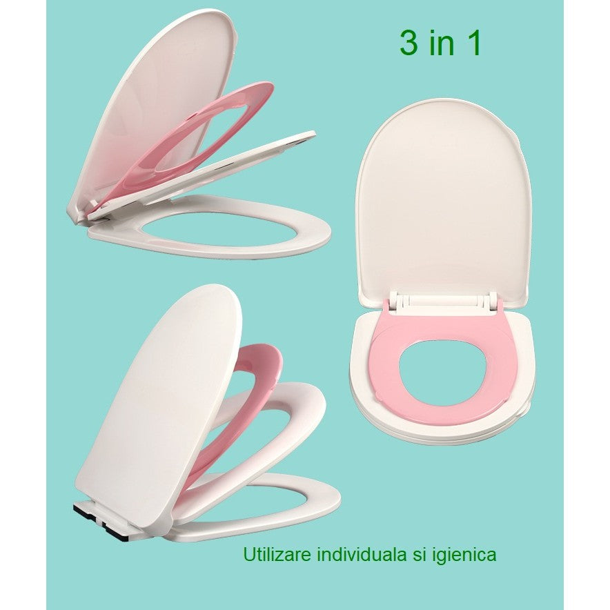 Capac de Toaleta cu Reductie 3 in 1 pentru Copii si Adulti, Inchidere Lenta si Silentioasa Soft-Close, Polipropilena PP5, Forma O, Alb/Roz