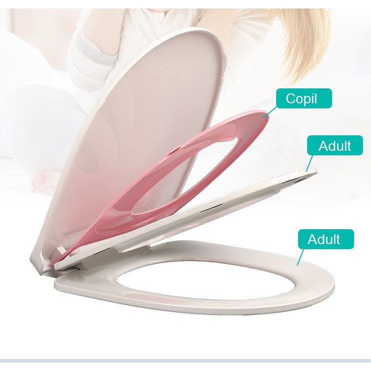 Capac de Toaleta cu Reductie 3 in 1 pentru Copii si Adulti, Inchidere Lenta si Silentioasa Soft-Close, Polipropilena PP5, Forma O, Alb/Roz