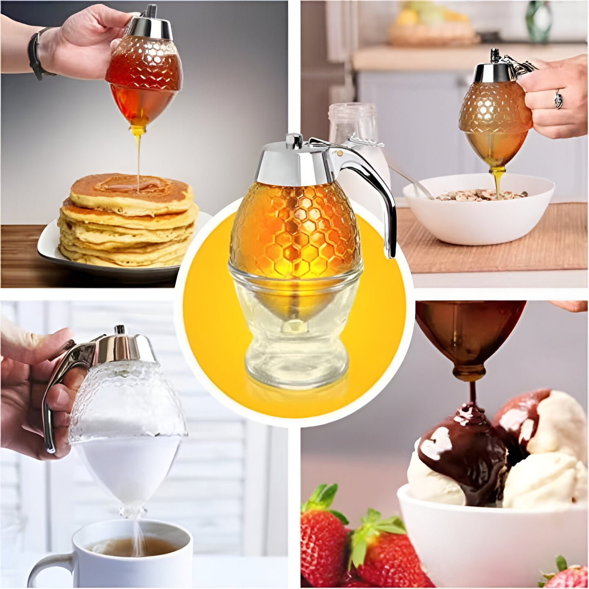 Dozator de Miere si Sirop, Dispenser fara Picurare cu Sistem de Eliberare Inferioara, Recipient Tip Fagure pentru Zahar, Acril Rezistent, 200 ml, Transparent