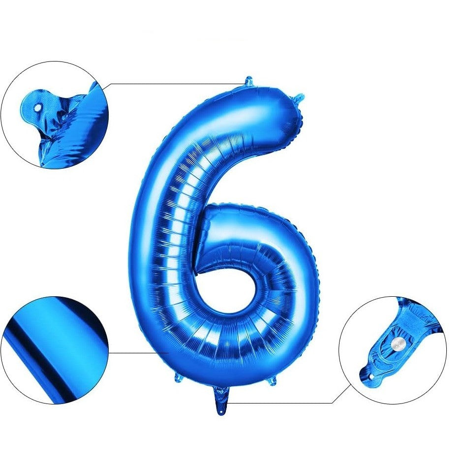 Balon Aniversar Cifra 6, Balon din Folie Aluminiu pentru Aer sau Heliu, Accesorii Petrecere, cu Pai de Umflare și Agățătoare, Albastru, 81 cm