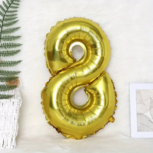 Balon din Folie Cifra 8, Balon Aniversar pentru Aer sau Heliu, Folie Aluminiu cu Pai Inclus, 81 cm, Auriu