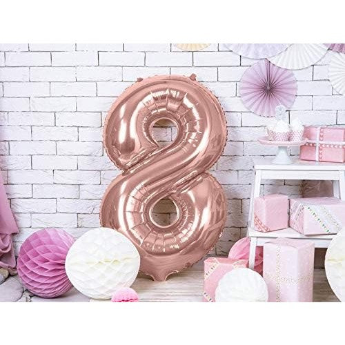 Balon Cifra 8 Aniversar, Compatibil Aer sau Heliu, Material Folie Aluminiu, Inaltime 81 cm, Roz Auriu