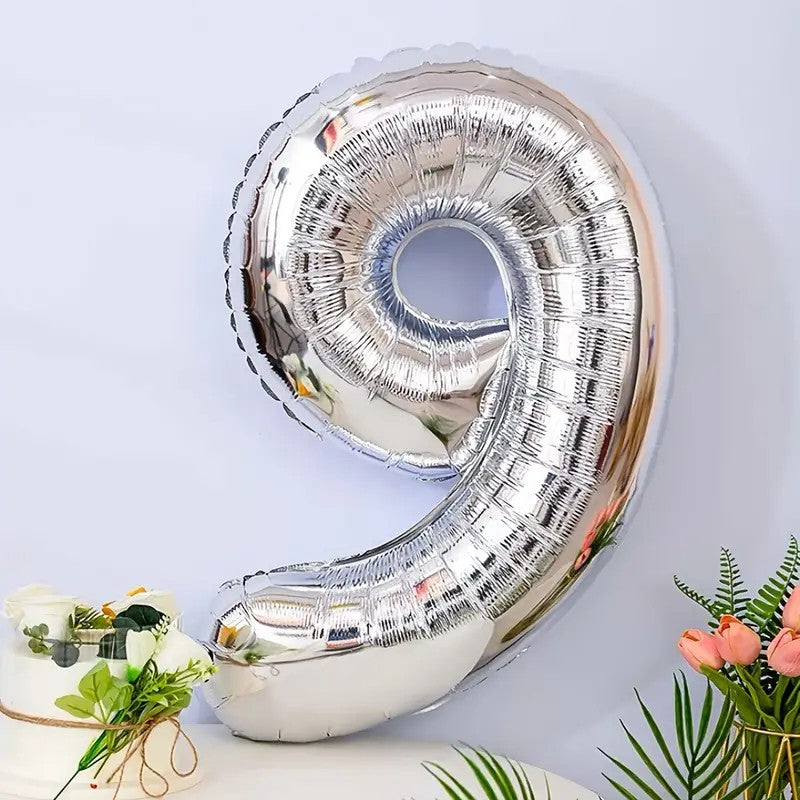 Balon din Folie Cifra 9, Balon Gigant Aniversar, Compatibil Aer sau Heliu, Material Aluminiu, Argintiu, 81 cm